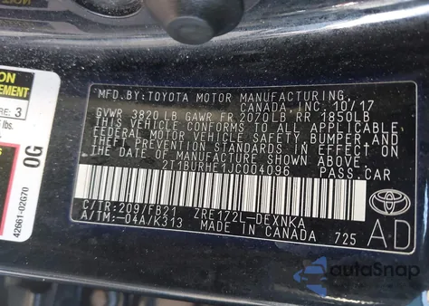 2018 Toyota Corolla Le z USA, uszkodzony, nr VIN 2T1BURHE1JC004096